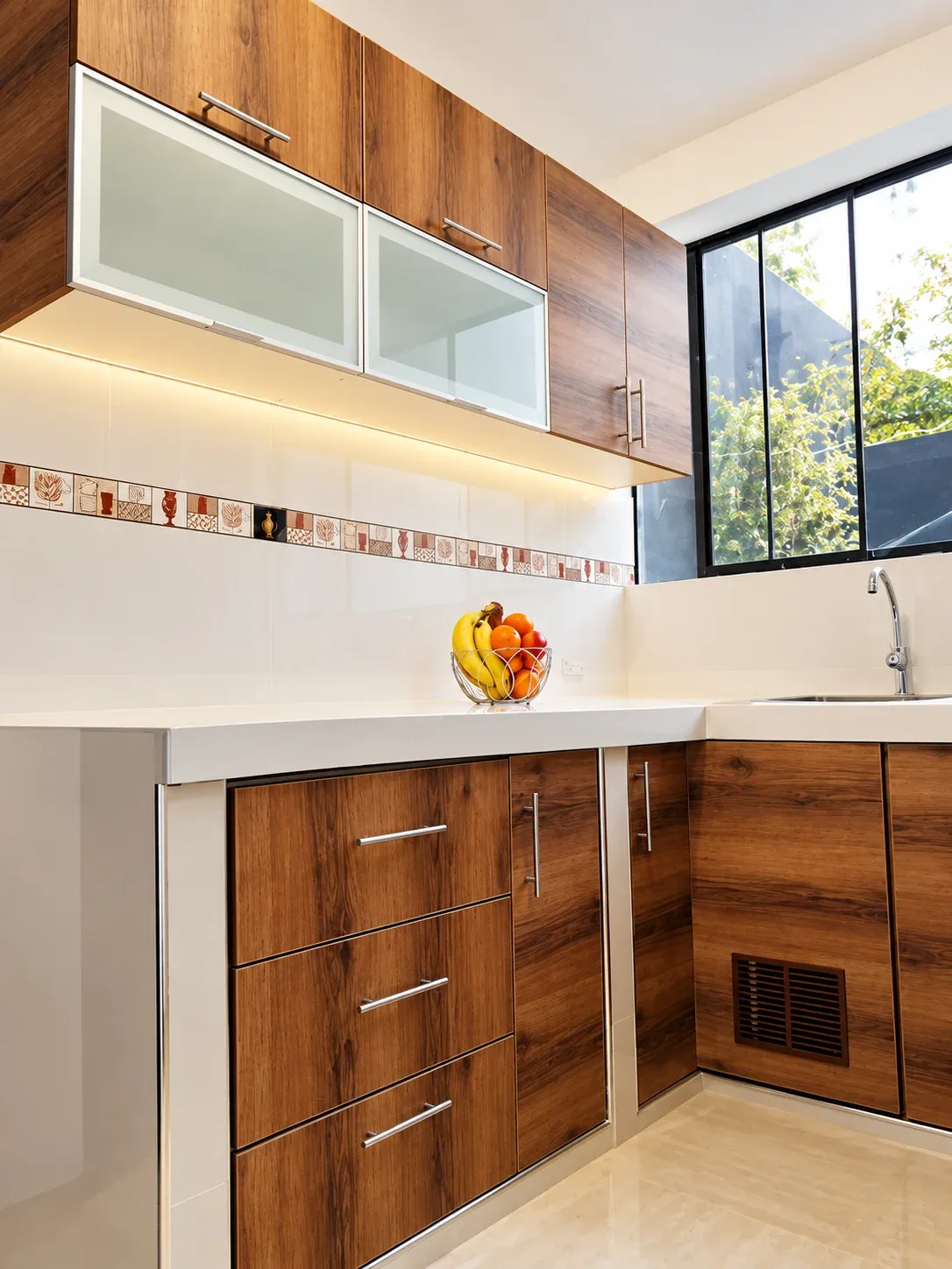 Cocina en esquina con muebles de acabado madera, vitrinas, encimera clara y ventana de marco negro.